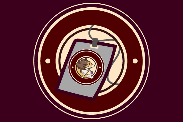 A maroon circle featuring a student leader badge to help recruit new students.